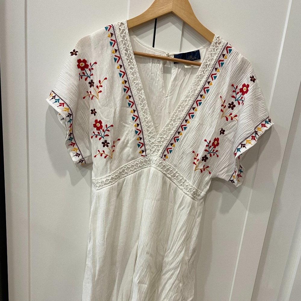 Blue Rain White Sundress with Colorful Details, Size Medium